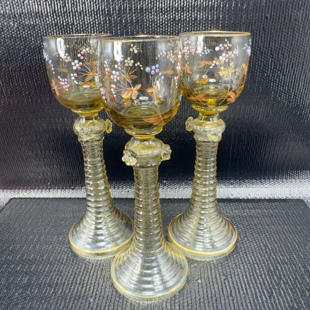 Antique Roemer Delicate Cups Glasses‎ Enameled Textured Goblets Set 3 With Knobs